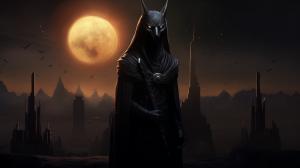 Anubis horror Egipt at night dark priest planets at background souls photorealism