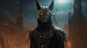 Anubis exorcism horror Egipt at night dark priest planets at background souls of dead soldiers cyberpunk science fiction style