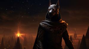 Anubis exorcism horror Egipt at night dark priest planets at background souls of dead soldiers cyberpunk science fiction style