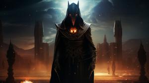 Anubis exorcism horror Egipt at night dark priest planets at background souls of dead soldiers cyberpunk science fiction style