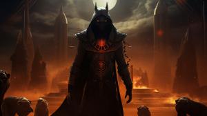 Anubis exorcism horror Egipt at night dark priest planets at background souls of dead soldiers cosmic science fiction style hd