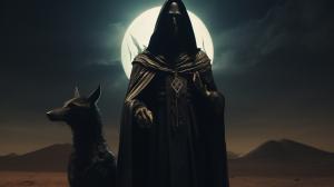 Anubis exorcism horror Egipt at night dark priest planets at background souls of dead soldiers cosmic science fiction style hd