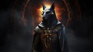 Anubis exorcism horror Egipt at night dark priest planets at background souls of dead soldiers cosmic science fiction style hd