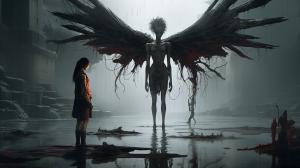 A brain-damaged angel argues with a demon in a swampy hell Cyberpunk hd