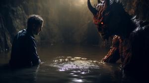 A brain-damaged devil argues with a demon in a swampy hell  hd