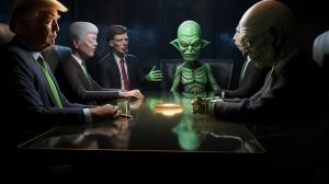 Rick and morty, Andrew Tate with cigar, Donald Trump, Joe Rogan, Darth Vader, Elon Musk, The Joker, Snoop Dogg, sitting around the discussion table discussing the world in ultra realistic 4k