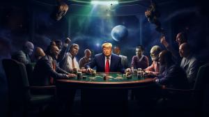 Andrew Tate with cigar, Donald Trump, Joe Rogan, Elon Musk, The Joker, Snoop Dogg, sitting around the discussion table discussing the world in ultra realistic 4k galaxy room