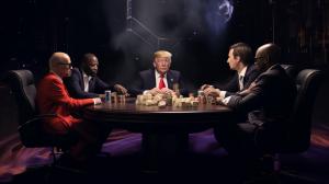 Andrew Tate with cigar, Donald Trump, Joe Rogan, Elon Musk, The Joker, Snoop Dogg, sitting around the discussion table discussing the world in ultra realistic 4k galaxy room