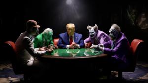 Andrew Tate with cigar, Donald Trump, Joe Rogan, Elon Musk, The Joker, Snoop Dogg, sitting around the discussion table discussing the world in ultra realistic 4k galaxy room