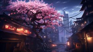 Cyberpunk abandoned tokyo with a sreet light shining on a cherry blossom tree