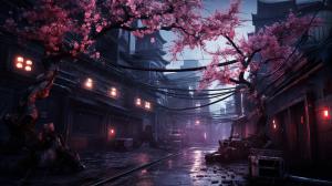 Cyberpunk abandoned tokyo with a sreet light shining on a cherry blossom tree