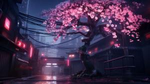 Cyberpunk abandoned tokyo with a sreet light shining on a cherry blossom tree