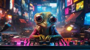 Ultra realistic 4k Cyberpunk geckos On dj turn tables