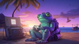 A Purple anime Frog sitting next to a  green anime gecko, delivering tech solutions from the back of a  large futuristic vehicle. at a beach at sunrise on a tropical island.