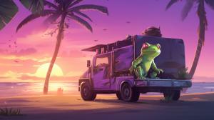   green and purple anime gecko, delivering gluten free pizza from the back of a  large futuristic eco friendly 4x4 vehicle. at a beach at sunrise on a tropical island.