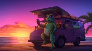   green and purple anime gecko, delivering gluten free pizza from the back of a  large futuristic eco friendly 4x4 vehicle. at a beach at sunrise on a tropical island.