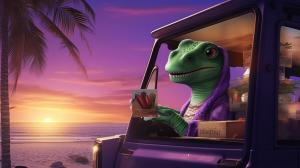   green and purple anime gecko, delivering gluten free pizza from the back of a  large futuristic eco friendly 4x4 vehicle. at a beach at sunrise on a tropical island.