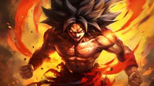 Goku super saiyan 4, red tail, red fur on body except covering abs,fighting pose, yellow eyes, crimson red energy aura surrounding body, perfect details, excitement, yellow pants blue belt, powerful, no defect details, super Saiyan 4 goku hair, black hair