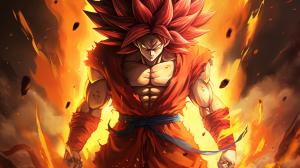 Goku super saiyan 4, crimson monky tail, crimson fur on body, fur will not cover abs,no shirt,fighting pose, yellow eyes, crimson red energy aura surrounding body, perfect details, excitement, yellow pants blue belt, powerful, no defect details, super Saiyan 4 goku hair, black hair