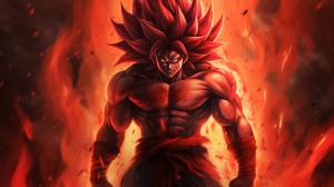 Goku super saiyan 4, crimson monky tail, crimson fur on body, fur will not cover abs,no shirt,fighting pose, yellow eyes, crimson red energy aura surrounding body, perfect details, excitement, yellow pants blue belt, powerful, no defect details, super Saiyan 4 goku hair, black hair