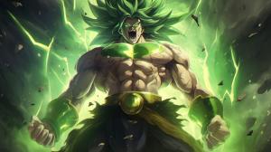 Broly, dragon ball super : Broly, sparkles green energy around body, no pupils,  dark green hair, screaming, shattered background, scar on left chest, rage, powerful figure, bulky, powering up