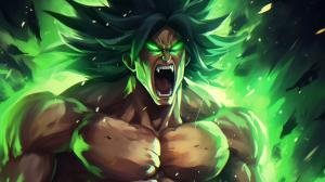 Broly, dragon ball super : Broly, sparkles green energy around body, no pupils,  dark green hair, screaming, shattered background, scar on left chest, rage, powerful figure, bulky, powering up