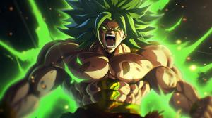 Broly, dragon ball super : Broly, sparkles green energy around body, no pupils,  dark green hair, screaming, shattered background, scar on left chest, rage, powerful figure, bulky, powering up