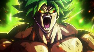 Broly, dragon ball super : Broly, sparkles green energy around body, no pupils,  dark green hair, screaming, shattered glass background, scar on left chest, rage, powerful figure, bulky, powering up,perfect details, no defects