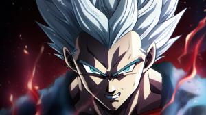 Gohan beast from the dragon ball super: Super heros movie, white hair, red eyes, special beam canon, red and blue energy beam, perfect details,