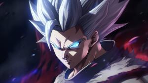 Gohan beast from the dragon ball super: Super heros movie, white hair, red eyes, special beam canon, red and blue energy beam, perfect details,