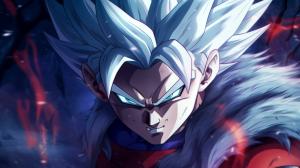 Gohan beast from the dragon ball super: Super heros movie, white hair, red eyes, special beam canon, red and blue energy beam, perfect details,