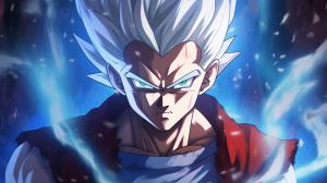 Gohan beast from the dragon ball super: Super heros movie, white hair, red eyes, special beam canon, red and blue energy beam, perfect details,