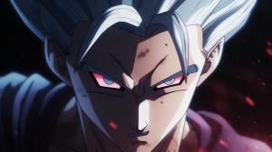 Gohan beast from the dragon ball super: Super heros movie, white hair, red eyes, special beam canon, red and blue energy beam, perfect details,no defects