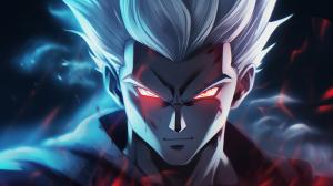 Gohan beast from the dragon ball super: Super heros movie, white hair, red eyes, special beam canon, red and blue energy beam, perfect details,no defects