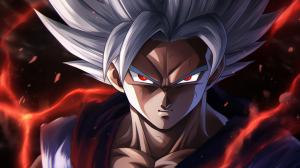 Gohan beast from the dragon ball super: Super heros movie, white hair, red eyes, special beam canon, red and blue energy beam, perfect details,no defects