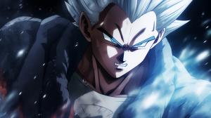 Gohan beast from the dragon ball super: Super heros movie, white hair, red eyes, special beam canon, red and blue energy beam, perfect details,no defects