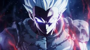 Gohan beast from the dragon ball super: Super heros movie, white hair, red eyes, special beam canon, red and blue energy beam, perfect details,no defects