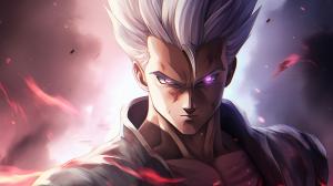 Gohan beast from the dragon ball super: Super heros movie, white hair, red eyes, special beam canon, red and blue energy beam, perfect details,no defects, 1 hair bang,