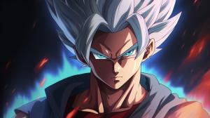 Gohan beast from the dragon ball super: Super heros movie, white hair, red eyes, special beam canon, red and blue energy beam, perfect details,no defects, 1 hair bang,