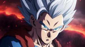 Gohan beast from the dragon ball super: Super heros movie, white hair, red eyes, special beam canon, red and blue energy beam, perfect details,no defects, 1 hair bang,