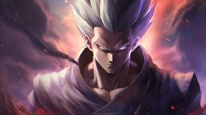 Gohan beast from the dragon ball super: Super heros movie, white hair, red eyes, special beam canon, red and blue energy beam, perfect details,no defects, 1 hair bang,