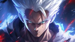 Gohan beast from the dragon ball super: Super heros movie, white hair, red eyes, special beam canon, red and blue energy beam, perfect details,no defects, 1 hair bang,