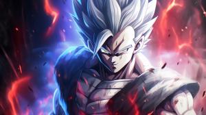 Gohan beast from the dragon ball super: Super heros movie, white hair, red eyes, special beam canon, red and blue energy beam, perfect details,no defects, 1 hair bang,