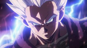 Gohan beast from the dragon ball super: Super heros movie, white hair, red eyes, menacing stance, pruple and blue energy around body,red electricity surround body, perfect details,no defects, 1 hair bang,