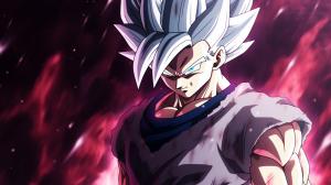 Gohan beast from the dragon ball super: Super heros movie, white hair, red eyes, menacing stance, pruple and blue energy around body,red electricity surround body, perfect details,no defects, 1 hair bang,