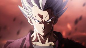 Gohan beast from the dragon ball super: Super heros movie, white hair, red eyes, menacing stance, pruple and blue energy around body,red electricity surround body, perfect details,no defects, 1 hair bang,