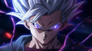 Gohan beast from the dragon ball super: Super heros movie, white hair, red eyes, menacing stance, pruple and blue energy around body,red electricity surround body, perfect details,no defects, 1 hair bang,