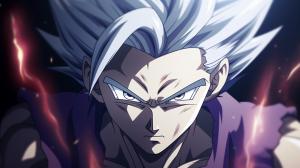 Gohan beast from the dragon ball super: Super heros movie, white hair, red eyes, menacing stance, pruple and blue energy around body,red electricity surround body, perfect details,no defects, 1 hair bang,