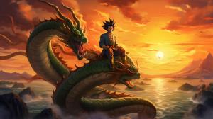 Gt goku, shenron, gt goku sitting on shenron, in the clounds flying, sunset,