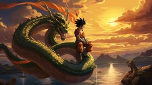 Gt goku, shenron, gt goku sitting on shenron, in the clounds flying, sunset,